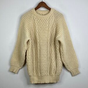 Vintage Sweater Mens 44 Large Cream Wool Cable Knit Pullover Classic Retro